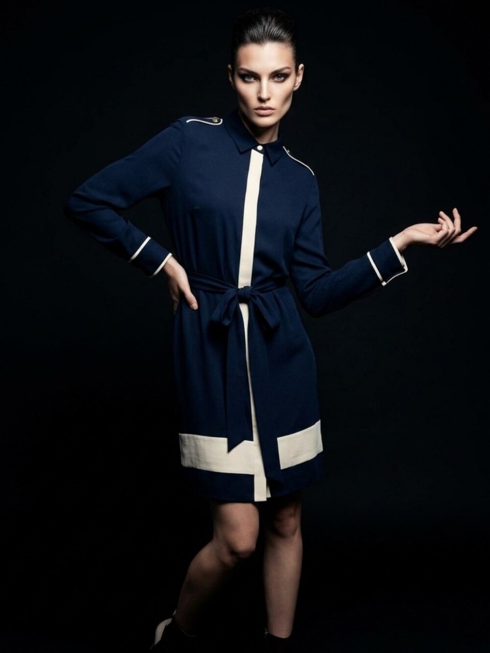 Women's Navy and Cream Tie-Waist Shirt Dress Coat Silk